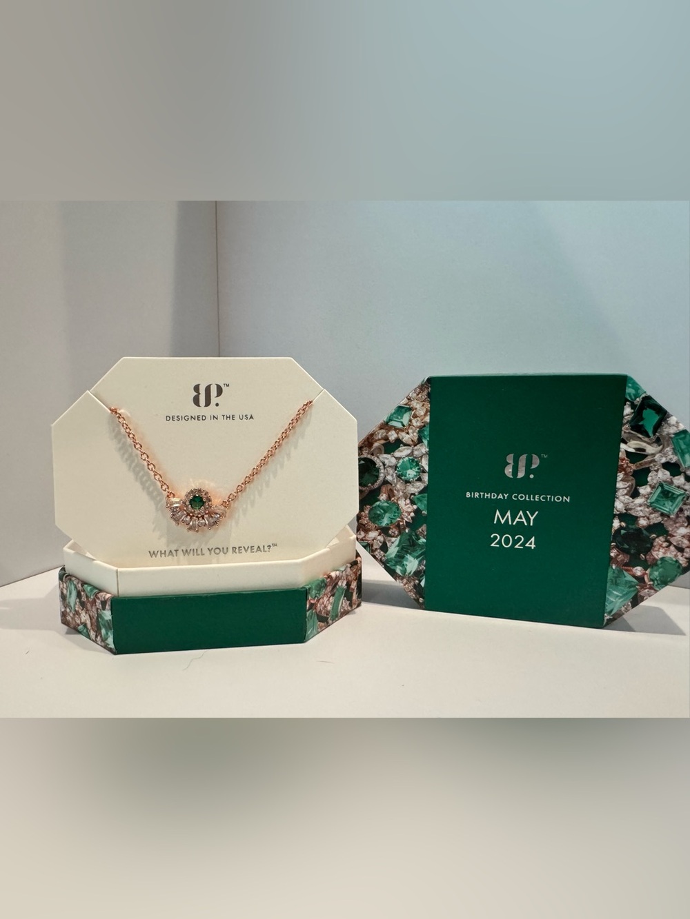 Bomb Party BPMay 2024 Emerald Halo Rose Gold Necklace